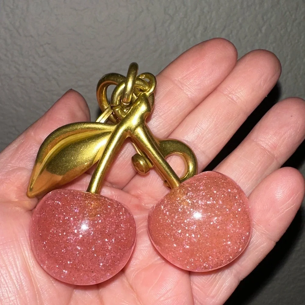 Gold and Pink Cherry sparkle bag charm for your coach bag